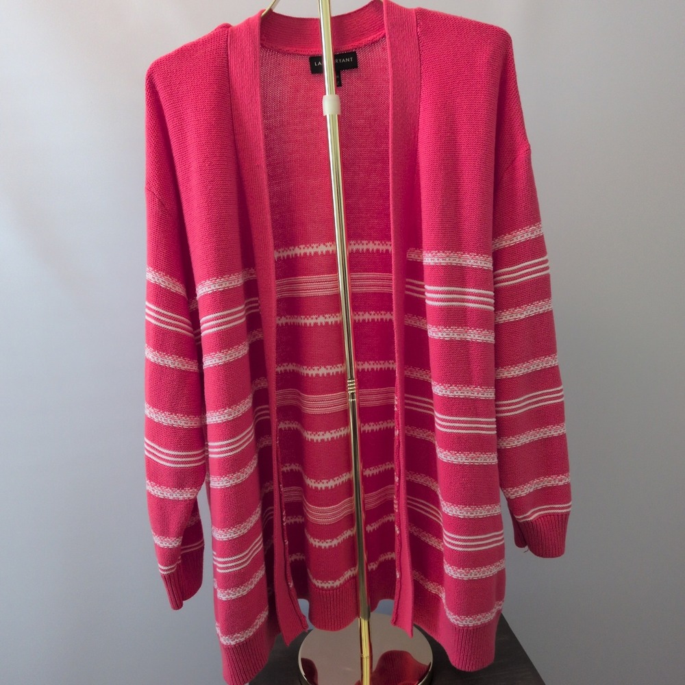 Lane Bryant Cardigan Women 22/24 Pink Striped Open Front Longline Knit Sweater